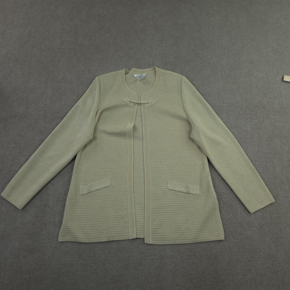 Vtg Misook Coatigan Womens XL Beige‎ Glitter Collarless Open Pockets Long Sleeve